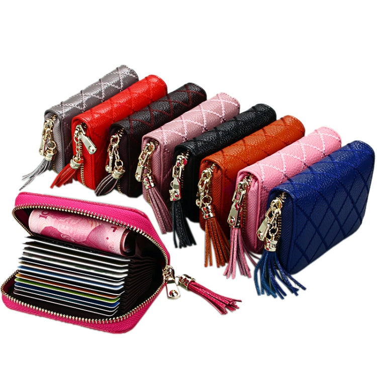 Genuine Cowhide Leather Grid Texture Zipper Card Holder Wallet RFID Blocking Card Bag Protect Case Coin Purse with Tassel Pendant & 15 Card Slots for Women, Size: 11.1*7.9*3.5cm(Pink) by bashfashion