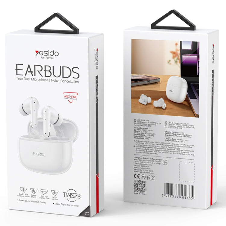 Yesido TWS28 ANC+ENC Dual Noise Reduction Smart TWS Wireless Bluetooth Earphone (White) by Yesido