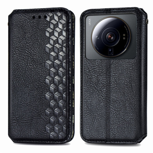 For Xiaomi 12S Ultra Cubic Grid Pressed Magnetic Leather Phone Case(Black) by bashfashion