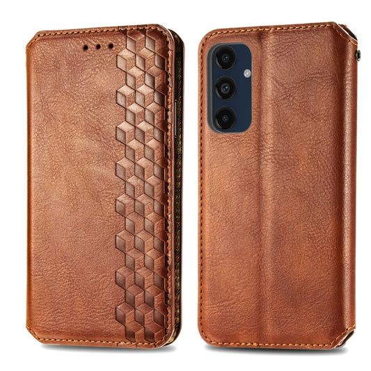 For Samsung Galaxy M55 Cubic Grid Pressed Magnetic Leather Phone Case(Brown) by bashfashion