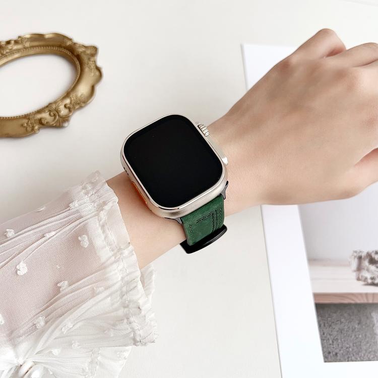 For Apple Watch 42mm / 41mm / 40mm / 38mm 7-Line Tri-Star Buckle Pull Up Leather Watch Band(Crazy Horse Green Black Thread) by bashfashion