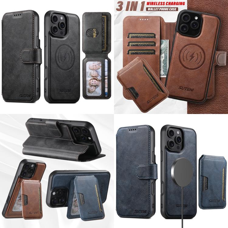For iPhone 16 Pro Max Suteni Q05S3 3-in-1 Detachable Vertical Flip Wallet MagSafe Leather Phone Case(Black) by Suteni
