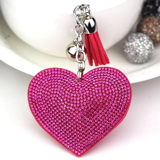 Heart Keychain Leather Tassel Gold Key Holder Metal Crystal Key Chain Keyring Charm Bag Auto Pendant Gift(magenta) by bashfashion