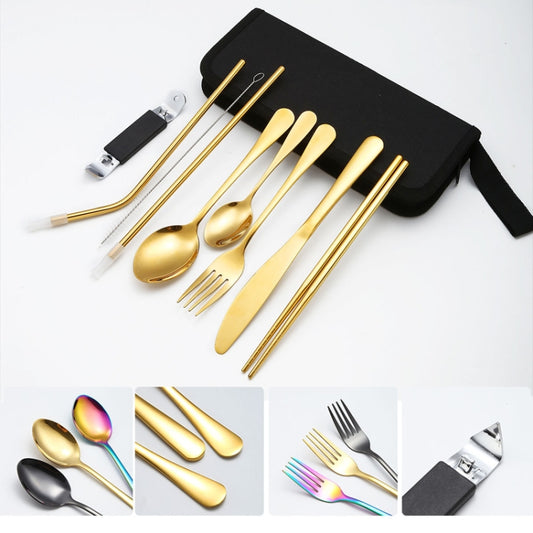 Portable Stainless Steel Cutlery Set Outdoor Picnic Knife And Fork Tool With Storage Bag, Style: C Model Black by bashfashion