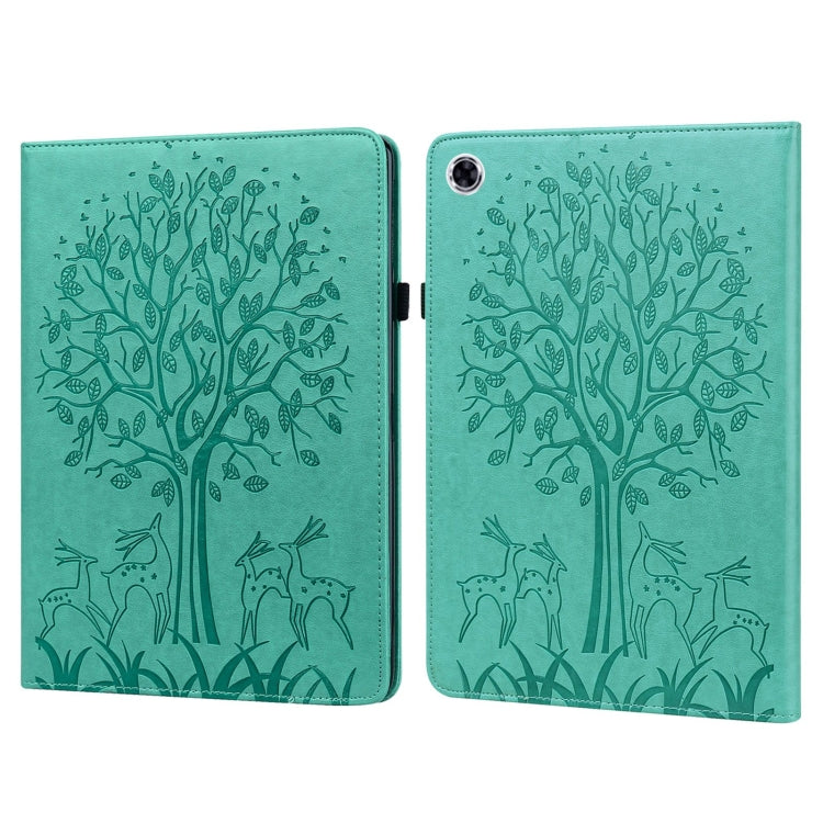 For Samsung Galaxy Tab A9+ Tree & Deer Embossed Leather Tablet Case(Green) by bashfashion