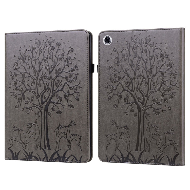 For Samsung Galaxy Tab A9 Tree & Deer Embossed Leather Tablet Case(Grey) by bashfashion
