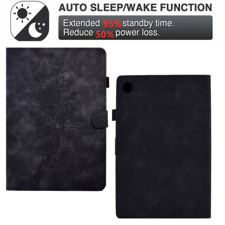 For Samsung Galaxy Tab A11 / A9 Peony Butterfly Embossed Leather Smart Tablet Case(Black) by bashfashion
