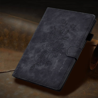 For Samsung Galaxy Tab A11 / A9 Peony Butterfly Embossed Leather Smart Tablet Case(Black) by bashfashion