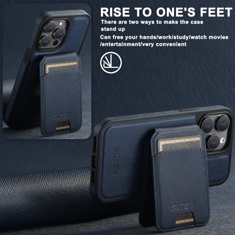 For iPhone 16 Suteni M2 Cross-Grain MagSafe Vertical Card Back Phone Case(Blue) by Suteni