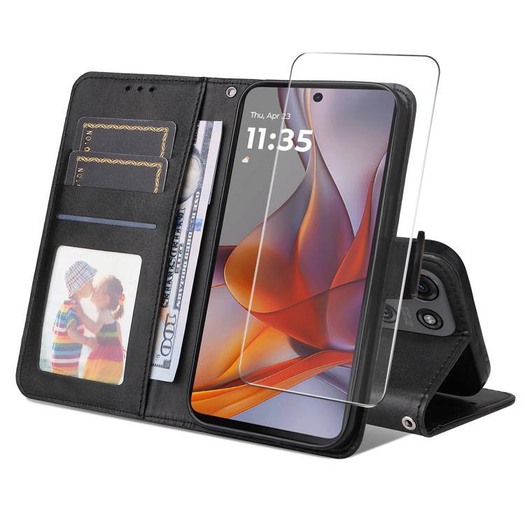 For Motorola Moto G75 ENKAY Card Wallet Calf Texture Leather Phone Case with Screen Film(Black) by ENKAY