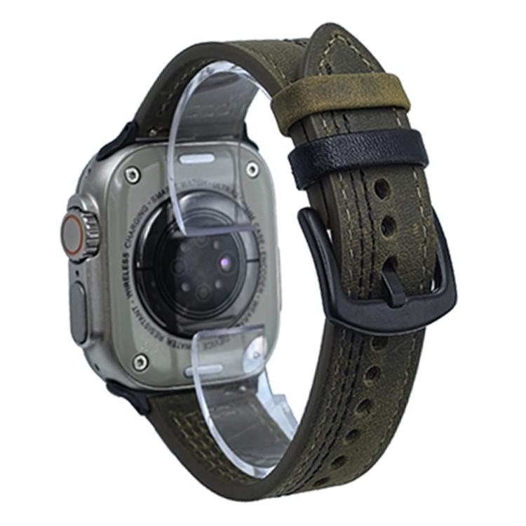For Apple Watch 42mm / 41mm / 40mm / 38mm 7-Line Tri-Star Buckle Pull Up Leather Watch Band(Crazy Horse Army Green Black Thread) by bashfashion