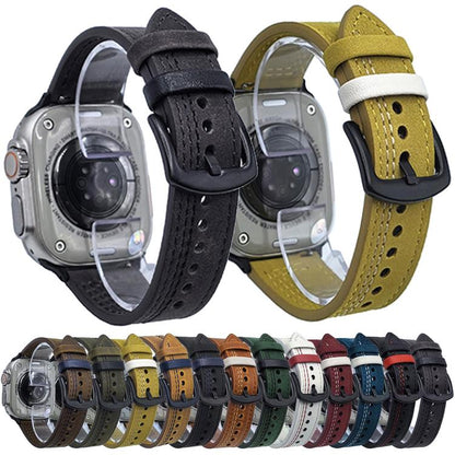 For Apple Watch 42mm / 41mm / 40mm / 38mm 7-Line Tri-Star Buckle Pull Up Leather Watch Band(Gray Black Thread) by bashfashion