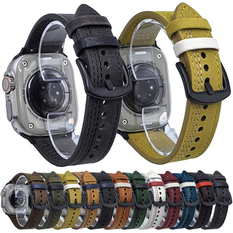 For Apple Watch 46mm / 49mm / 45mm / 44mm 7-Line Tri-Star Buckle Pull Up Leather Watch Band(Dark Blue White Thread) by bashfashion