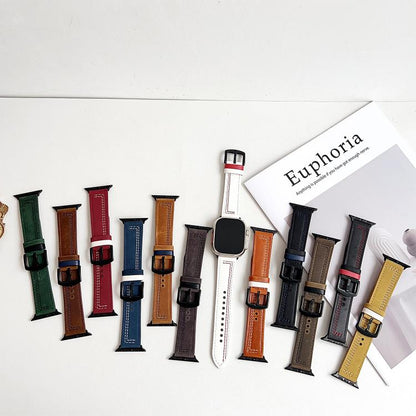 For Apple Watch 46mm / 49mm / 45mm / 44mm 7-Line Tri-Star Buckle Pull Up Leather Watch Band(Crazy Horse Army Green Black Thread) by bashfashion