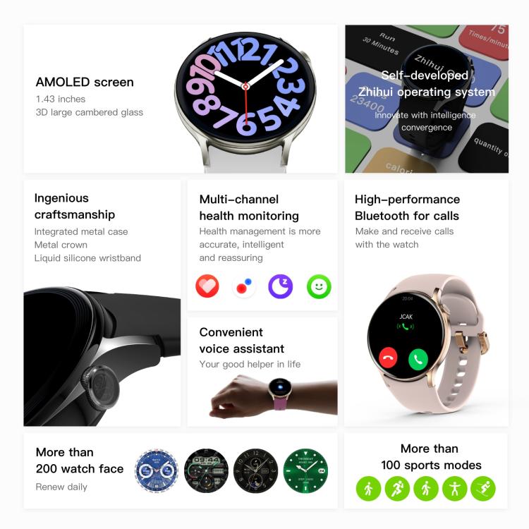 Sense 6 1.43 AMOLED Screen IP68 Waterproof Bluetooth Call Smartwatch Supports Health Monitoring(Starlight) by bashfashion