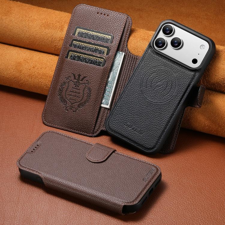 For iPhone 17 Pro Max Suteni Q05 -in-1 Multi-function MagSafe Wallet Big Litchi Leather Phone Case(Brown) by Suteni